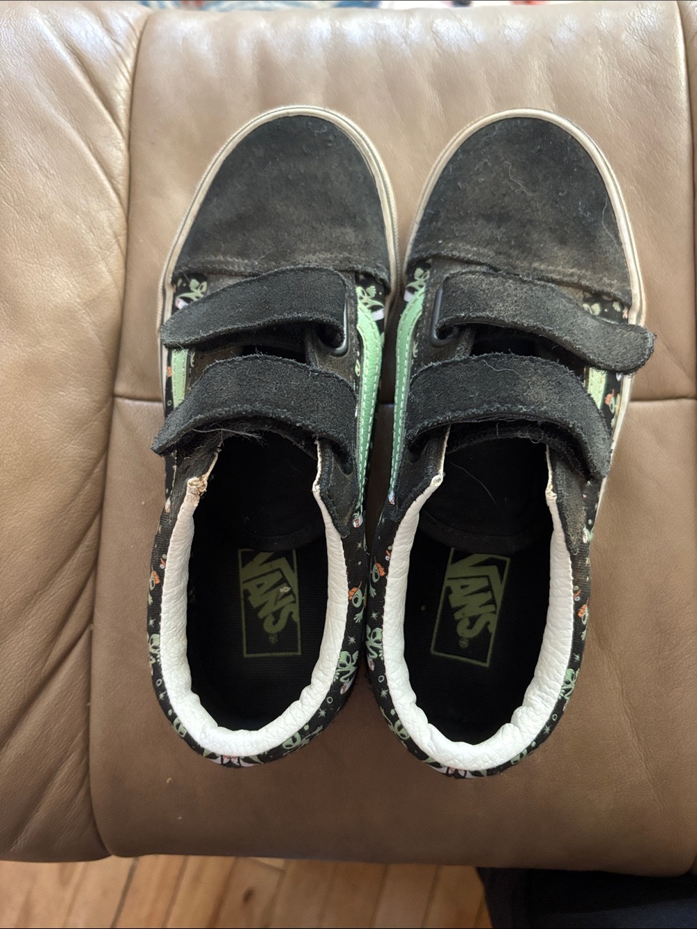Vans Kids Black Sneakers with glow in the dark green alien motif